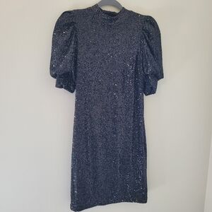 Joie Black Sequin Puff Sleeve Mini Dress